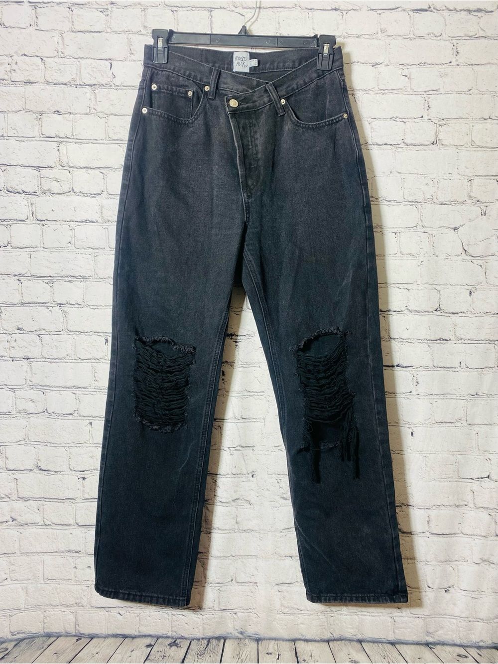 Princess Polly XX Black Distressed Straight Leg Jeans Women’s US 6 High Rise